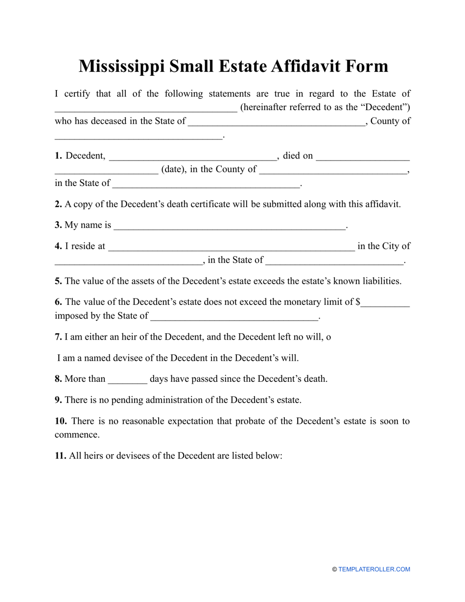 Mississippi Small Estate Affidavit Form Fill Out, Sign Online and