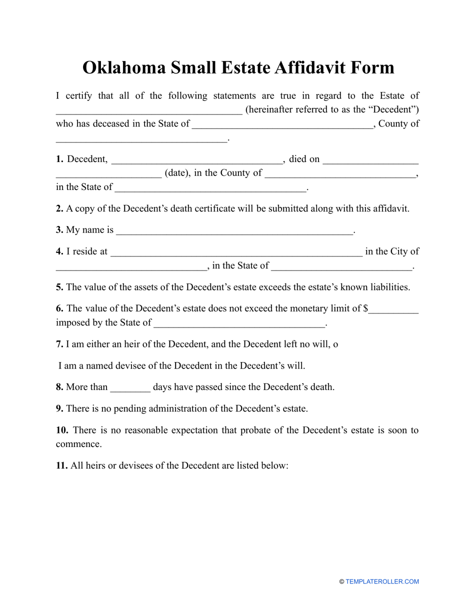 Small Estate Affidavit Form - Oklahoma, Page 1