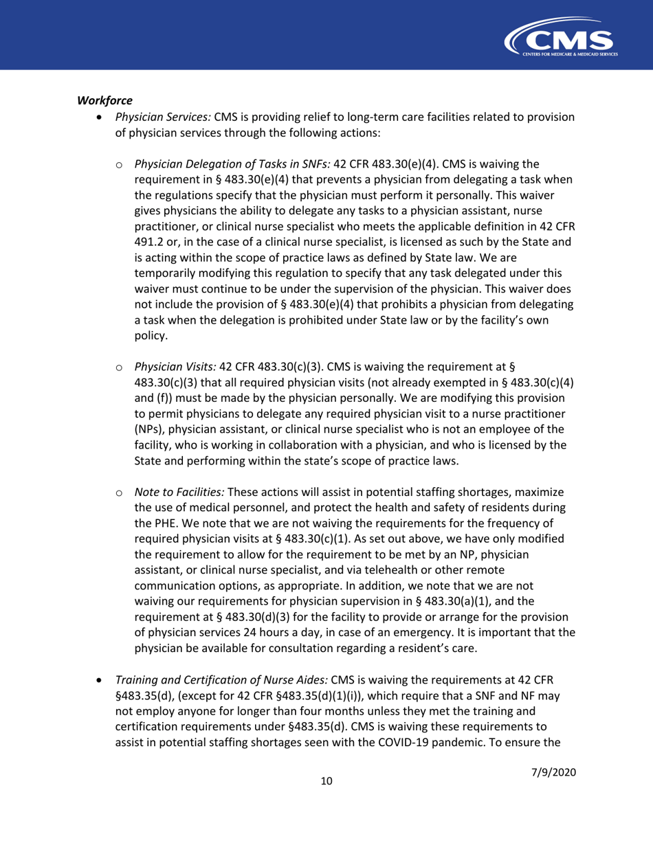 Long Term Care Facilities (Skilled Nursing Facilities and / or Nursing Facilities): Cms Flexibilities to Fight Covid-19, Page 10