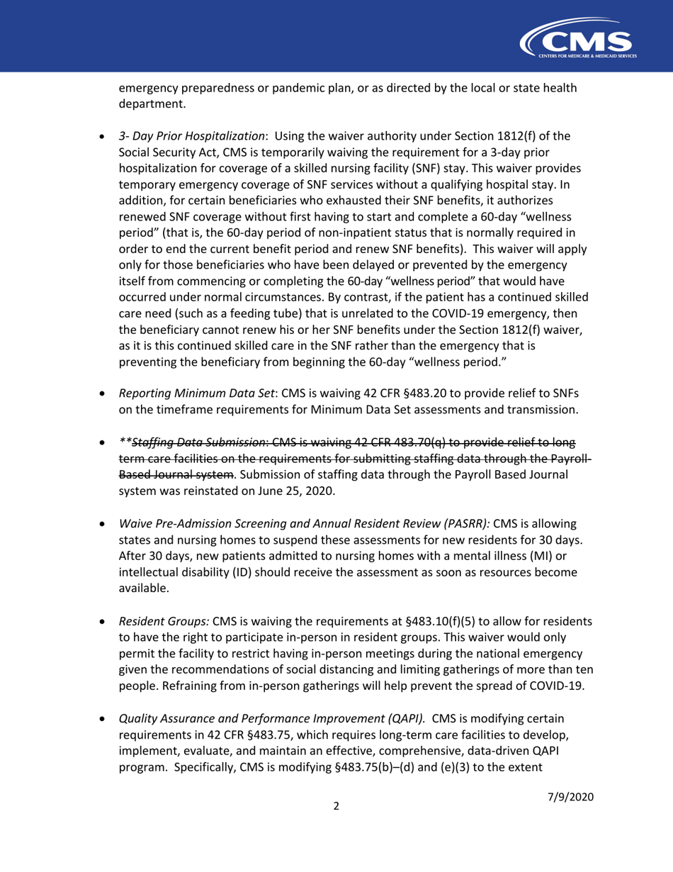 Long Term Care Facilities (Skilled Nursing Facilities and / or Nursing Facilities): Cms Flexibilities to Fight Covid-19, Page 2