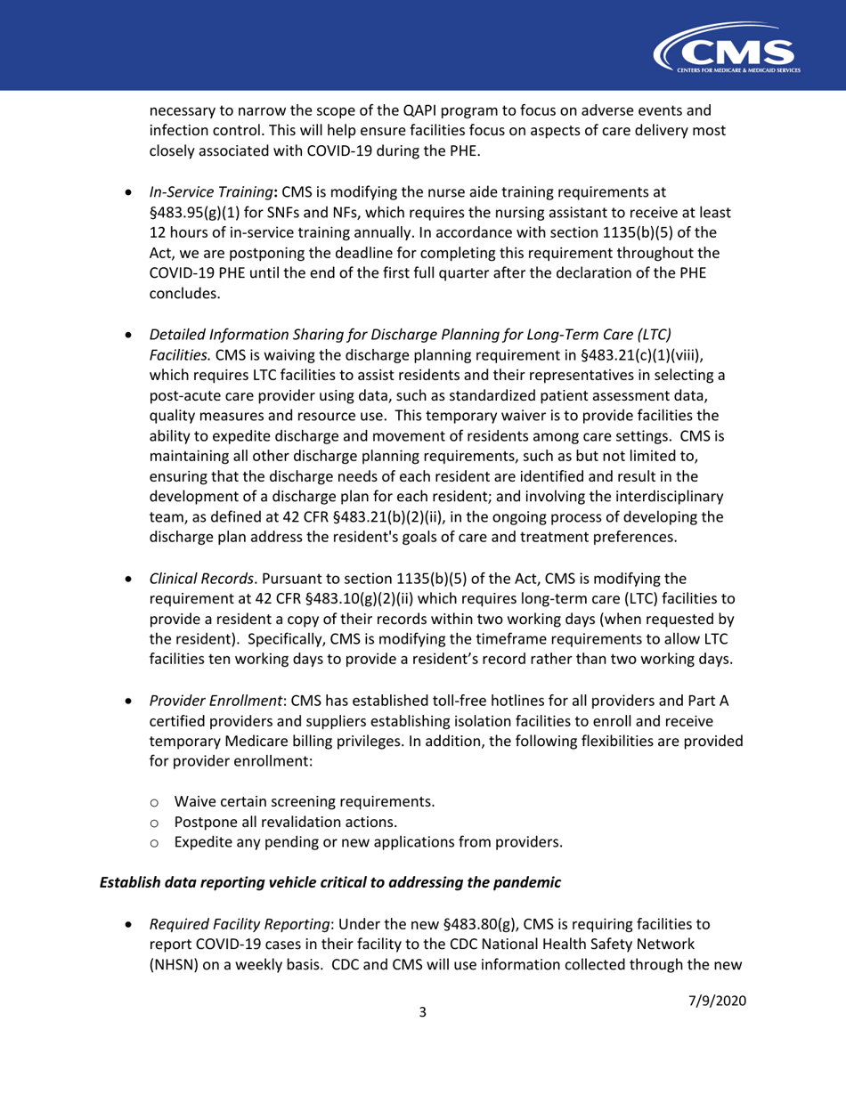 Long Term Care Facilities (Skilled Nursing Facilities and / or Nursing Facilities): Cms Flexibilities to Fight Covid-19, Page 3