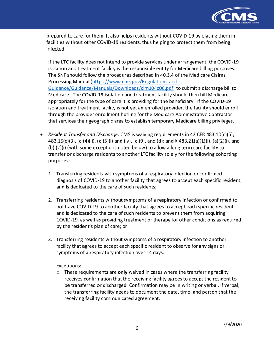 Long Term Care Facilities (Skilled Nursing Facilities and / or Nursing Facilities): Cms Flexibilities to Fight Covid-19, Page 6