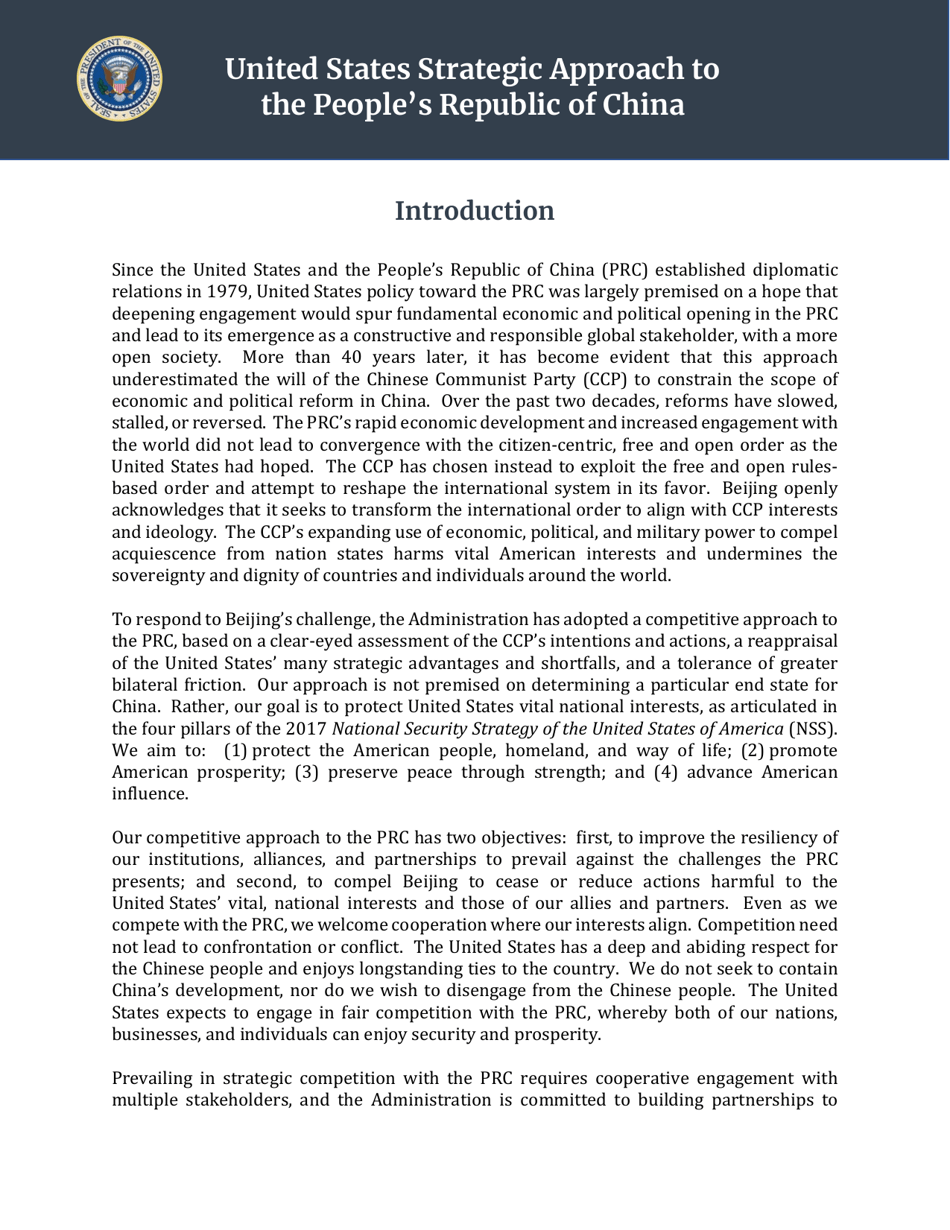 United States Strategic Approach to the People's Republic of China, Page 1