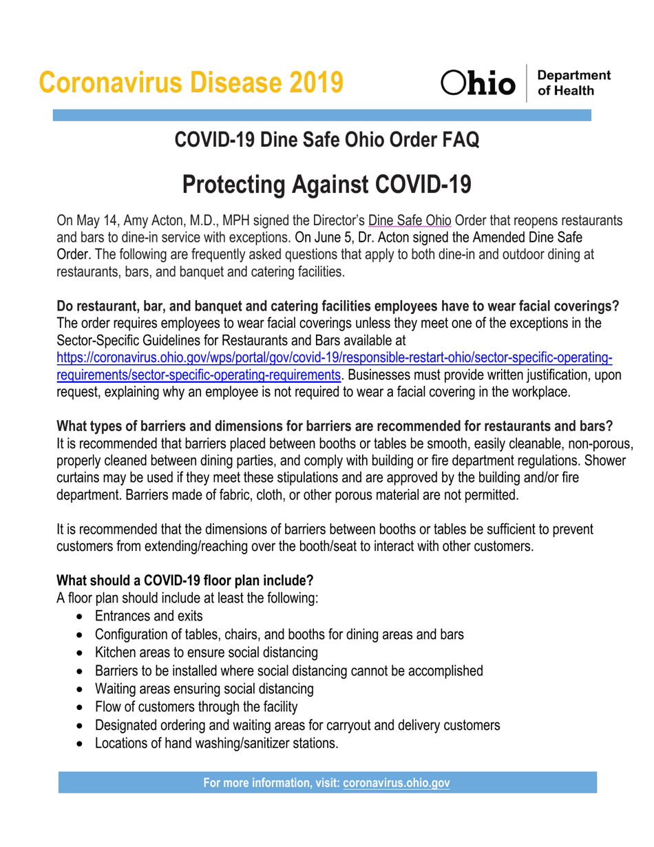 Protecting Against Covid-19 - Covid-19 Dine Safe Ohio Order Faq - Ohio, Page 1
