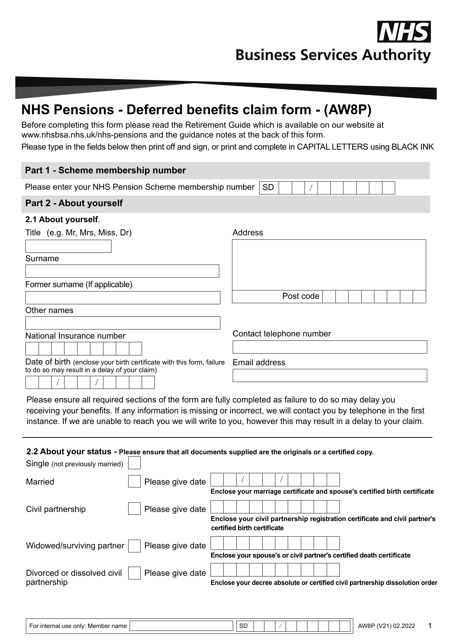 Form AW8P Nhs Pensions - Deferred Benefits Claim Form - United Kingdom