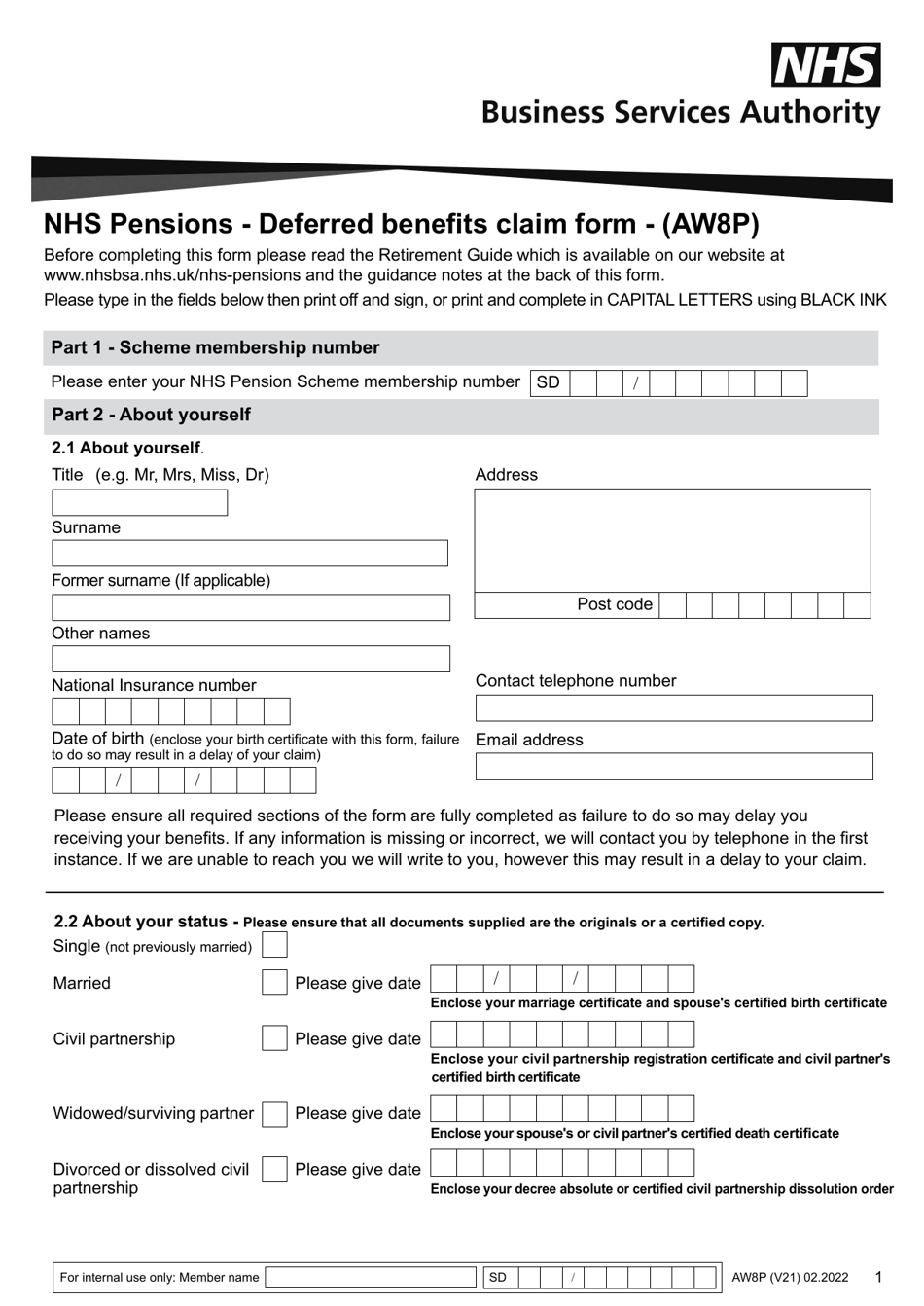 Form AW8P Nhs Pensions - Deferred Benefits Claim Form - United Kingdom, Page 1
