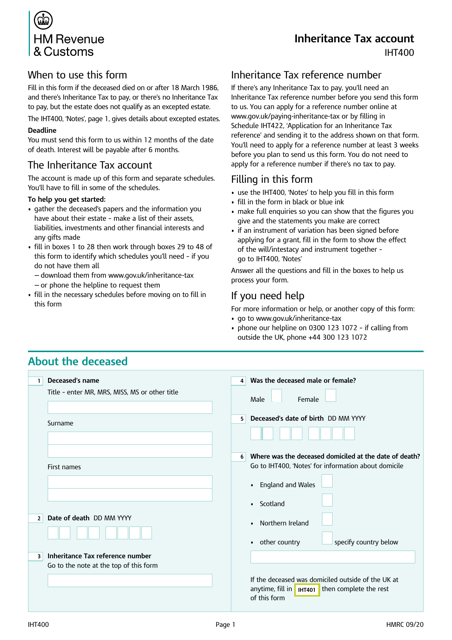 Form IHT400 Inheritance Tax Account - United Kingdom