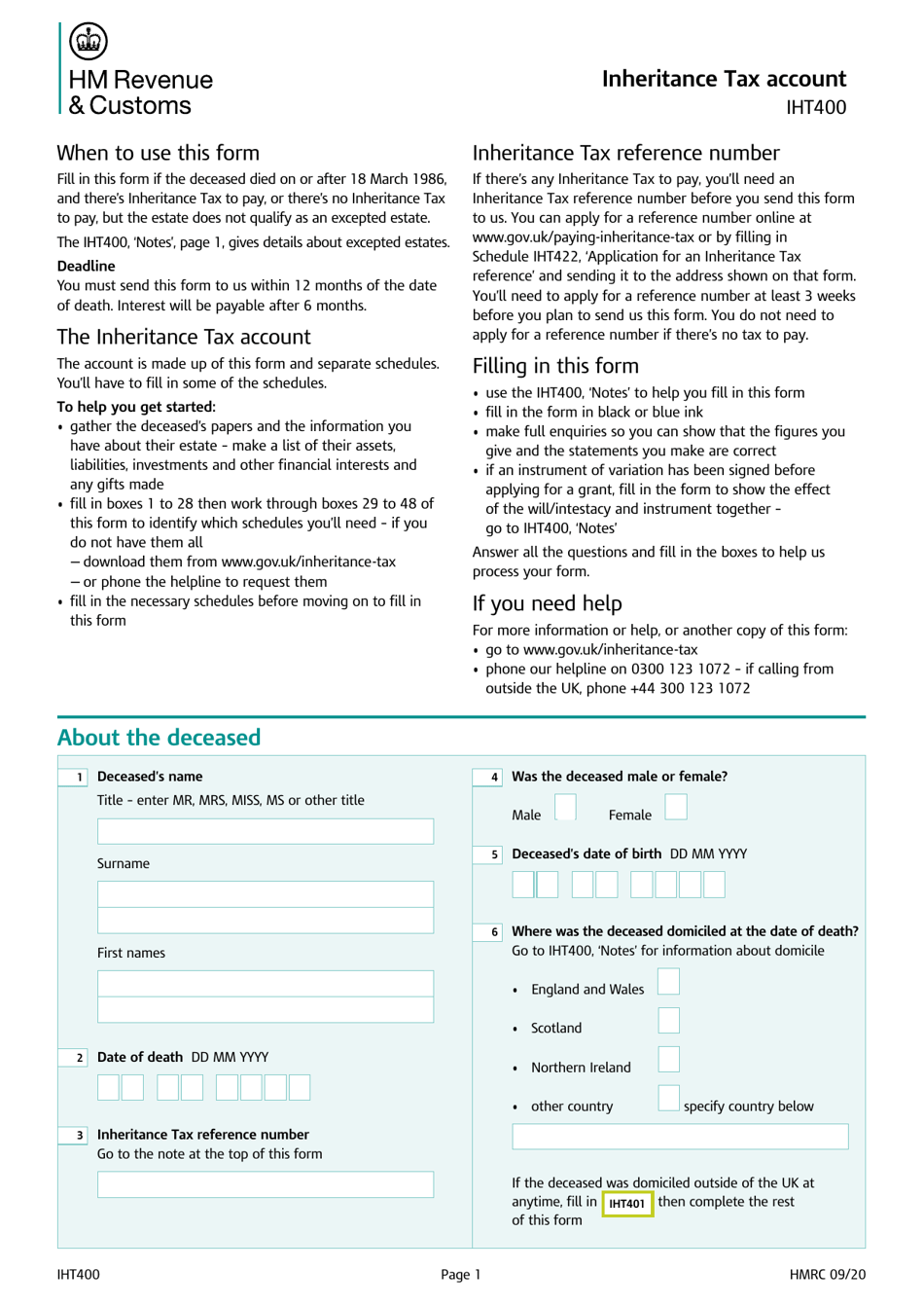 Form IHT400 Inheritance Tax Account - United Kingdom, Page 1