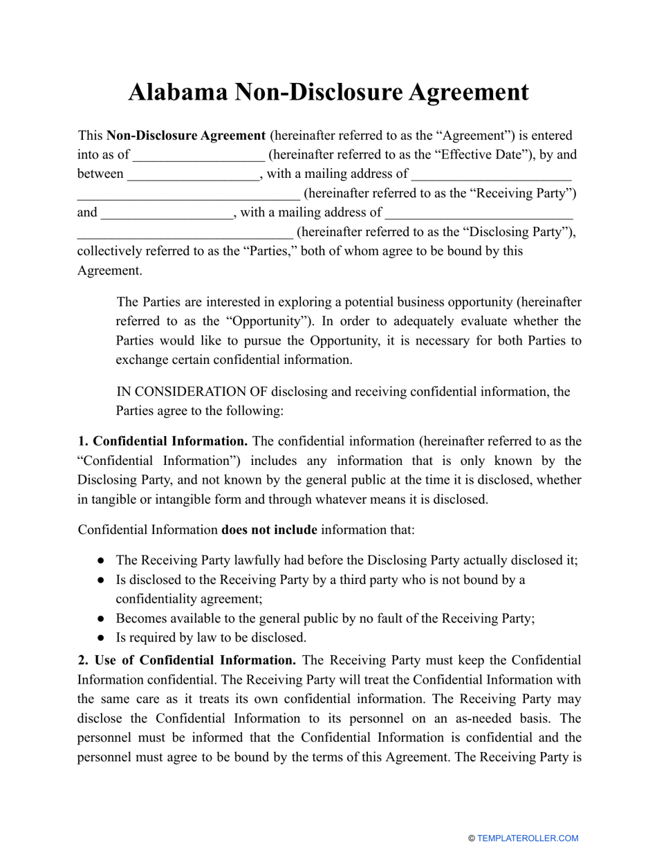 Non-disclosure Agreement Template - Alabama, Page 1