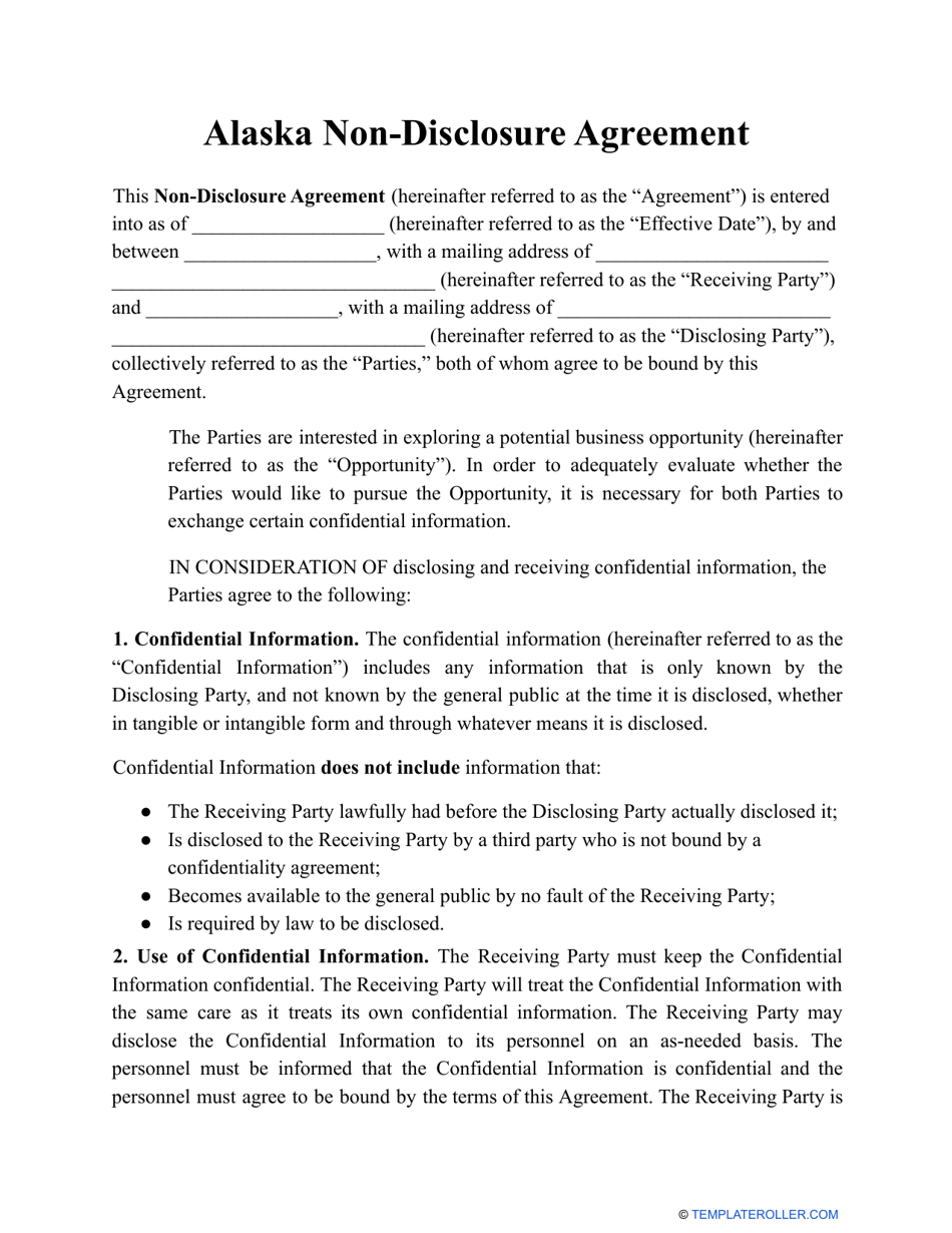 Non-disclosure Agreement Template - Alaska, Page 1