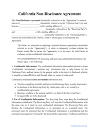 Document preview: Non-disclosure Agreement Template - California