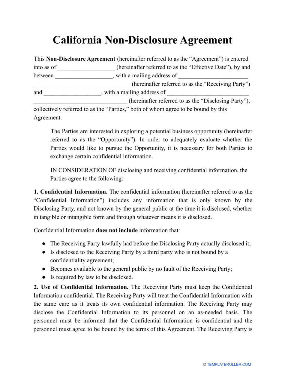 Non-disclosure Agreement Template - California, Page 1