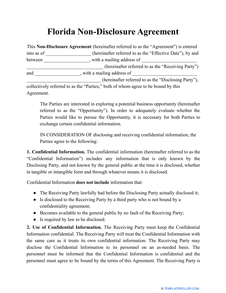 Non-disclosure Agreement Template - Florida, Page 1