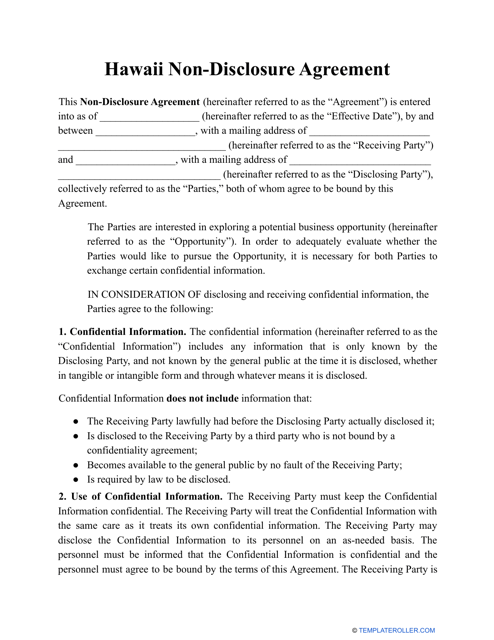Non-disclosure Agreement Template - Hawaii