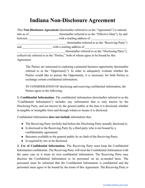 "Non-disclosure Agreement Template" - Indiana Download Pdf