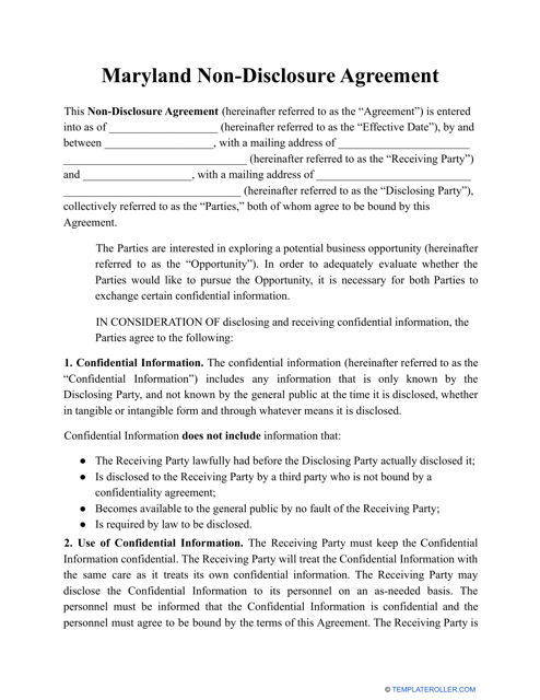 Non-disclosure Agreement Template - Maryland