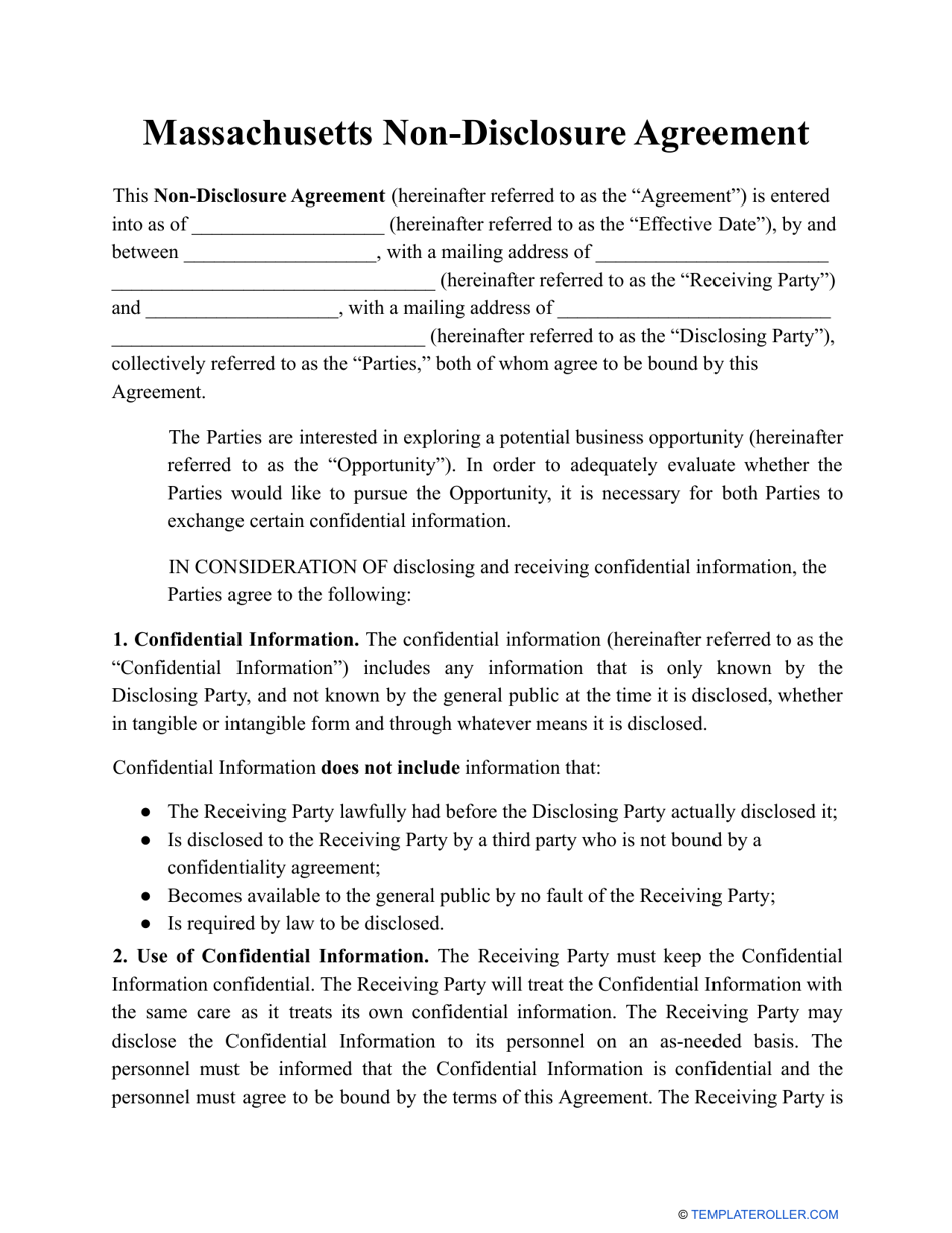 Non-disclosure Agreement Template - Massachusetts, Page 1