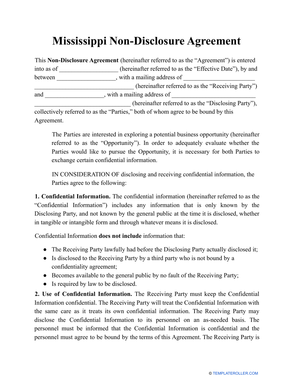 Non-disclosure Agreement Template - Mississippi, Page 1