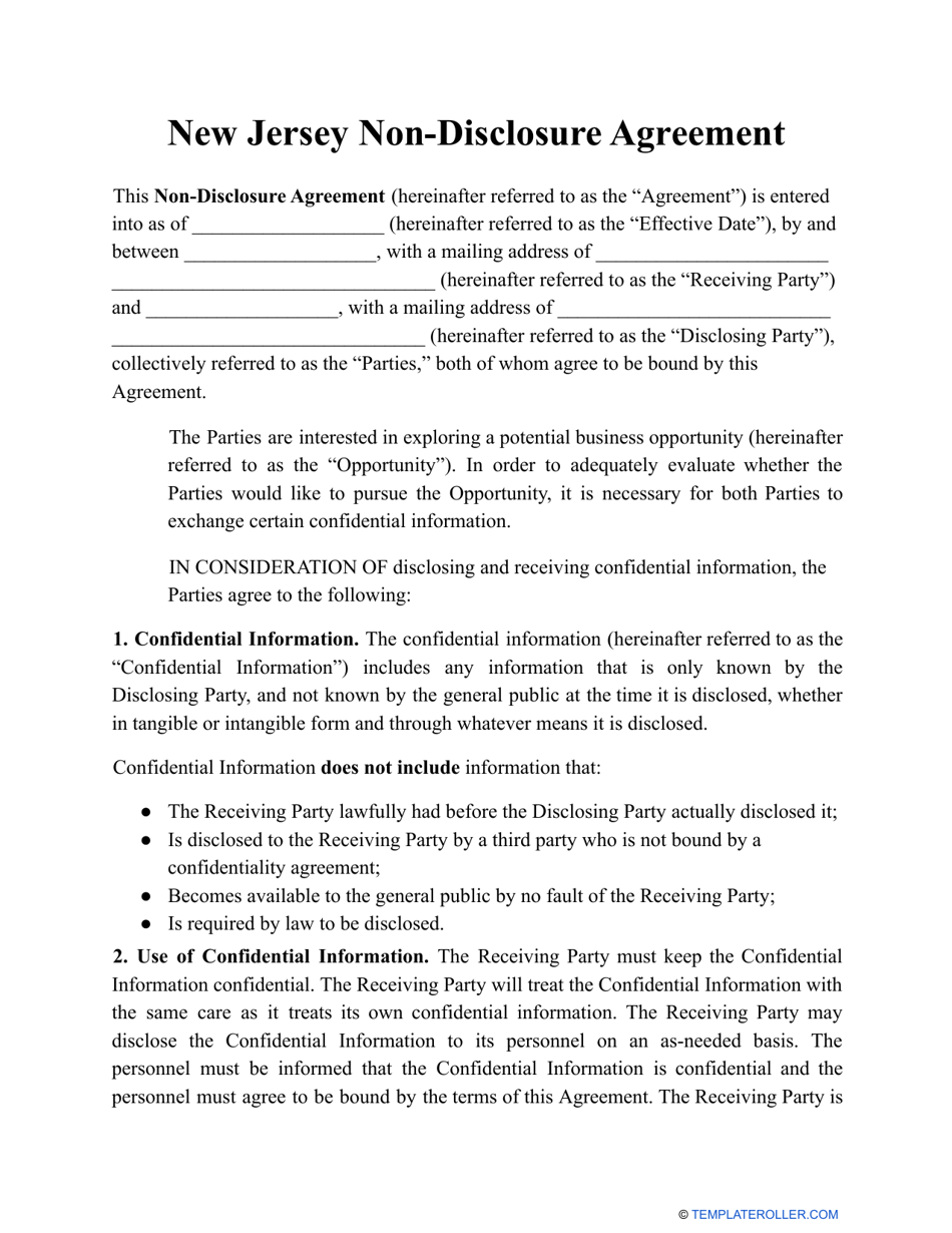 Non-disclosure Agreement Template - New Jersey, Page 1