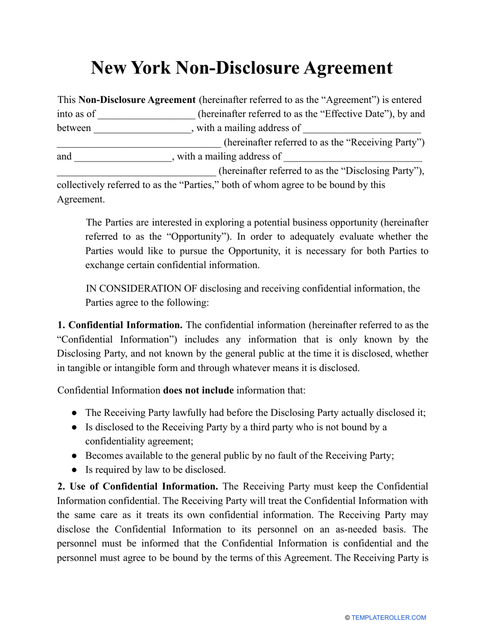 Non-disclosure Agreement Template - New York, Page 1