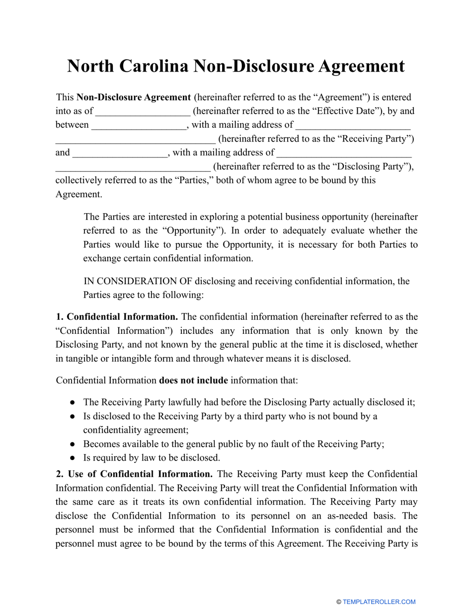 North Carolina Nondisclosure Agreement Template Fill Out, Sign