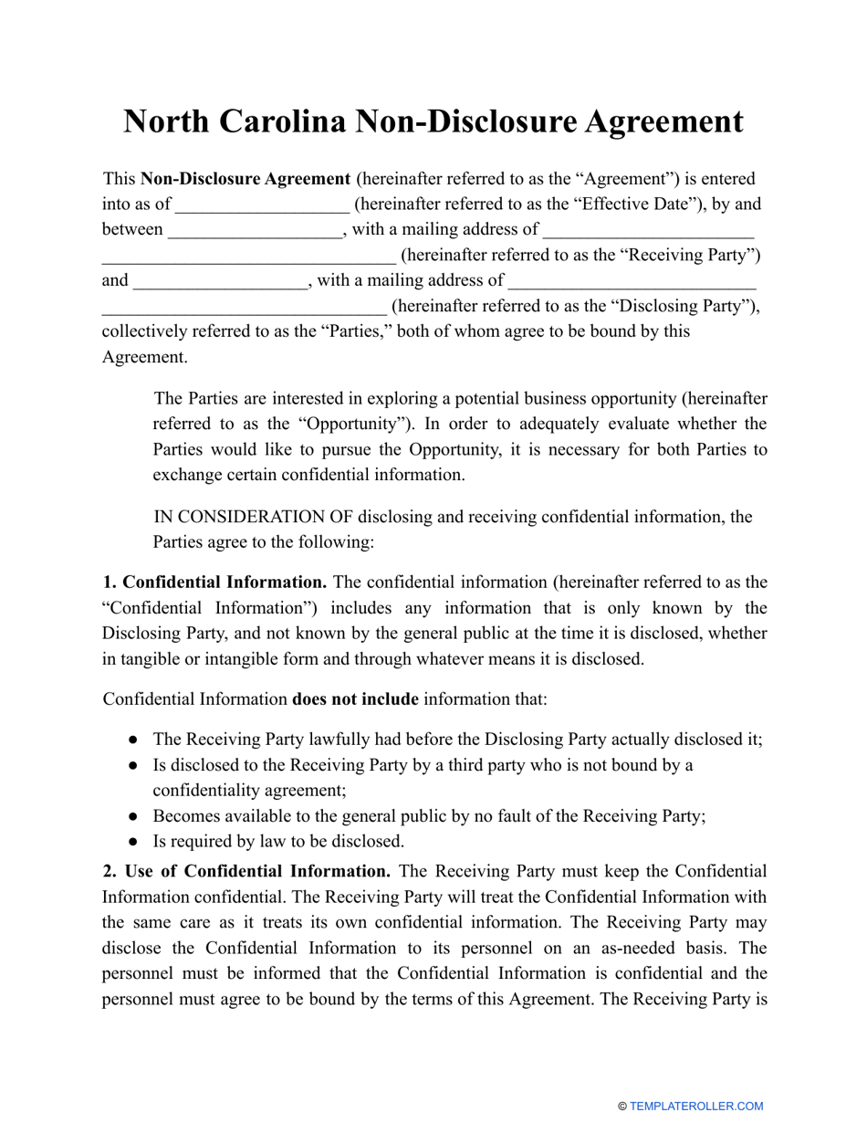 Non-disclosure Agreement Template - North Carolina, Page 1