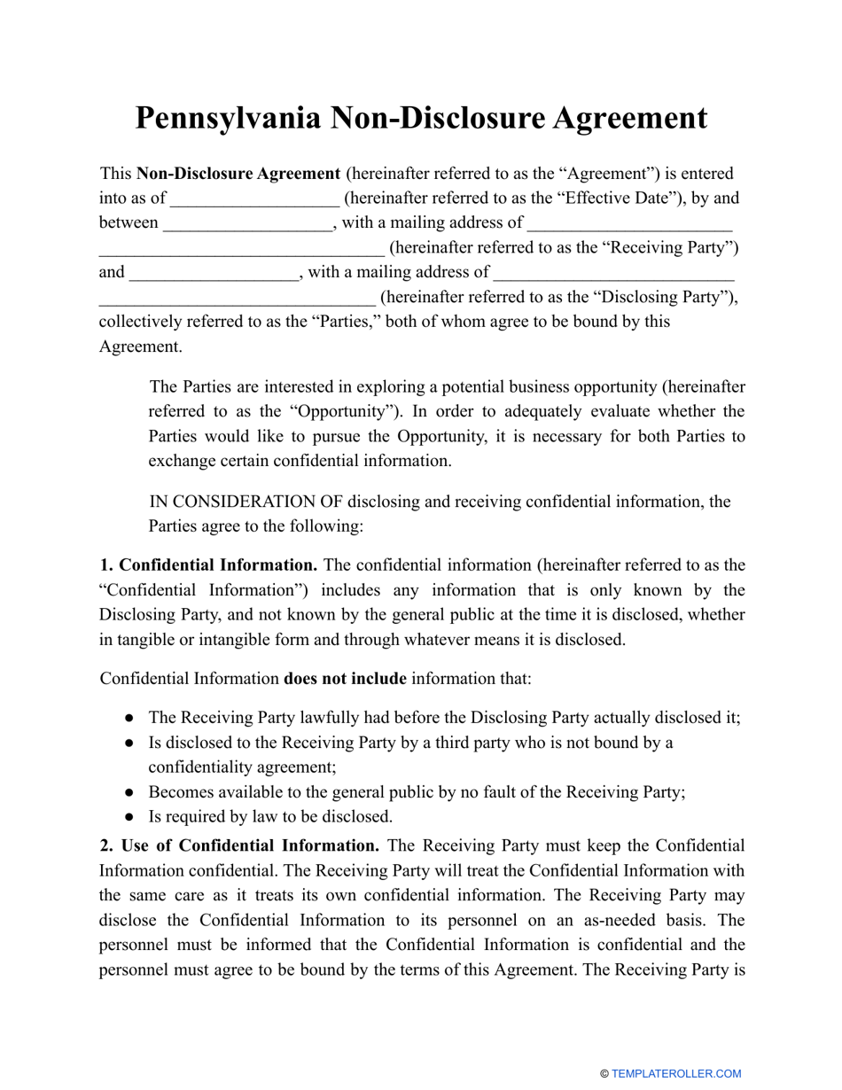 Pennsylvania Nondisclosure Agreement Template Fill Out, Sign Online and Download PDF