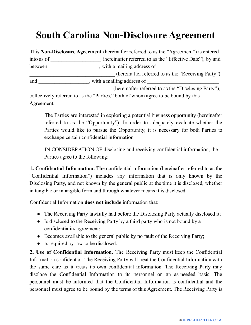 Non-disclosure Agreement Template - South Carolina, Page 1