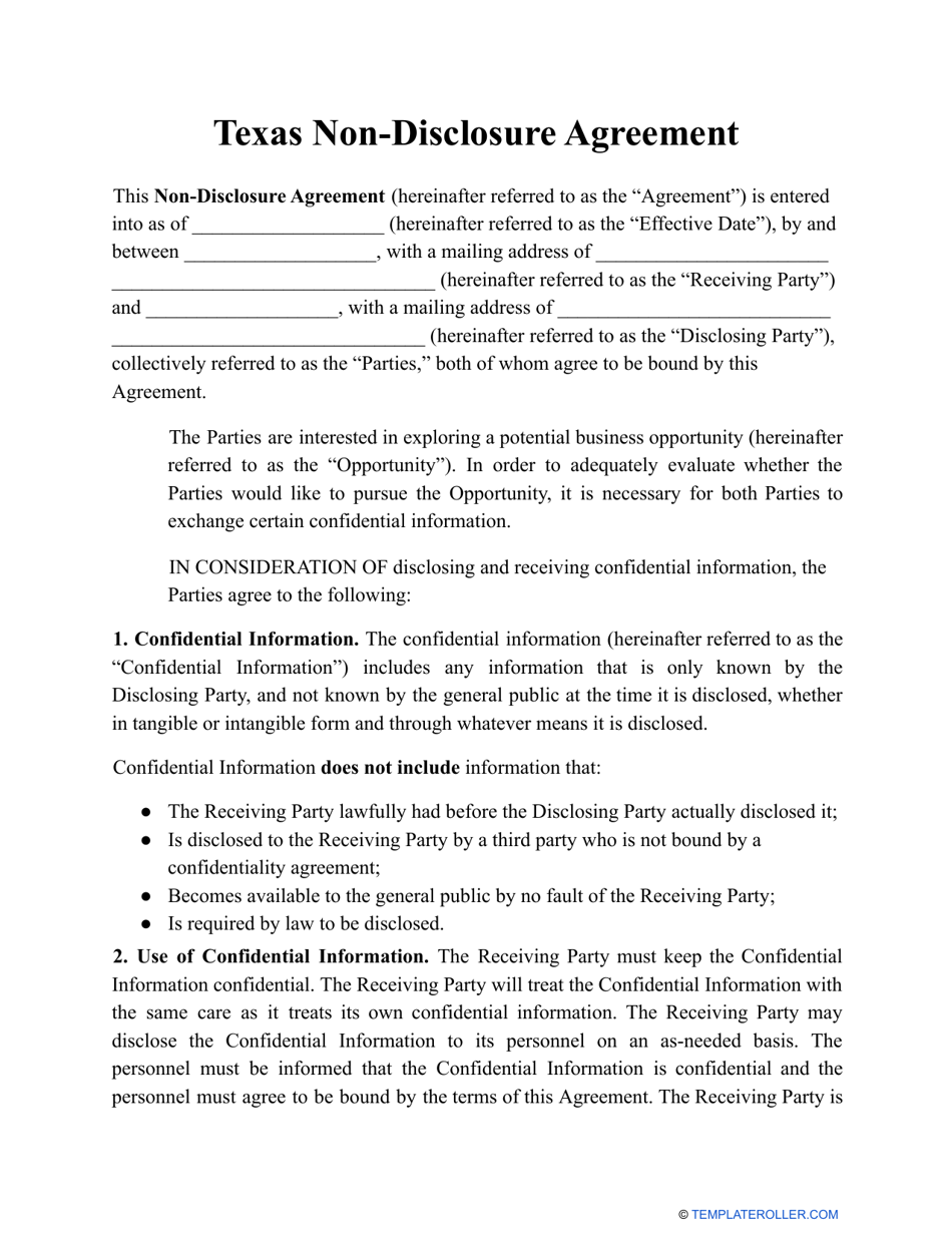 Non-disclosure Agreement Template - Texas, Page 1