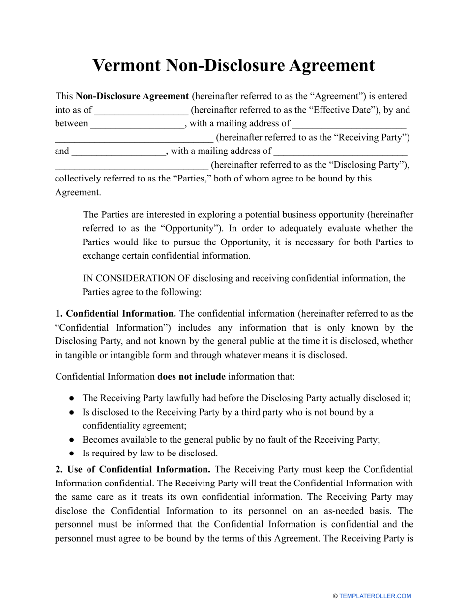 Non-disclosure Agreement Template - Vermont, Page 1