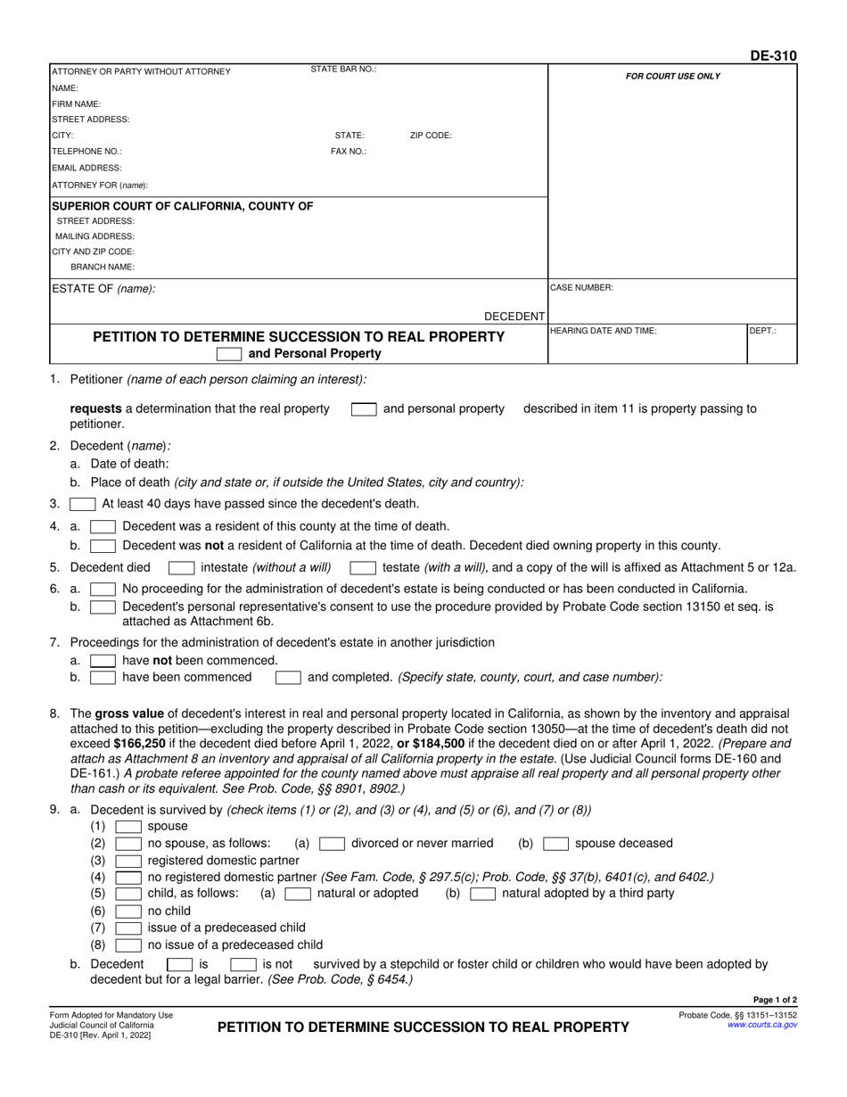 Form DE-310 Petition to Determine Succession to Real Property - California, Page 1
