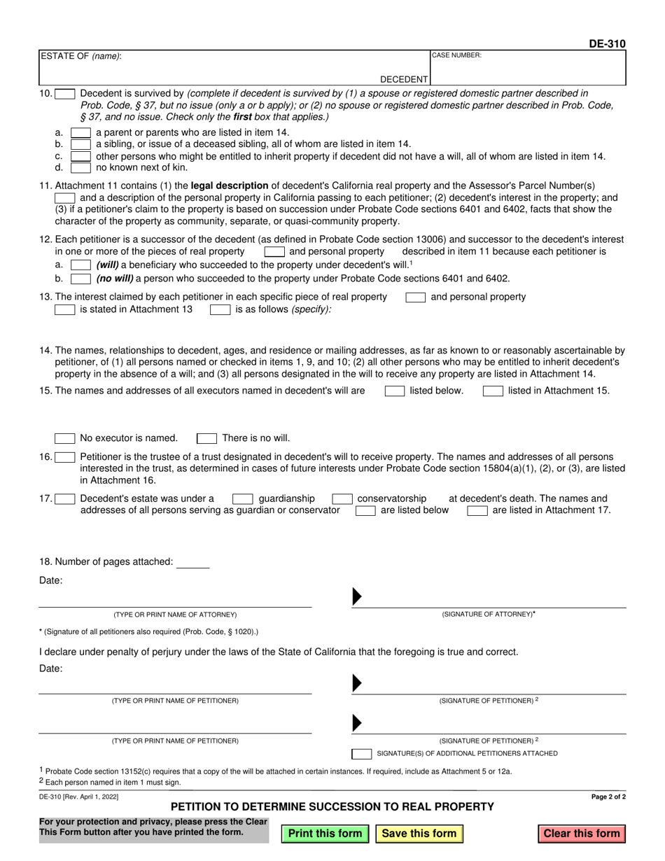 Form DE-310 Petition to Determine Succession to Real Property - California, Page 2