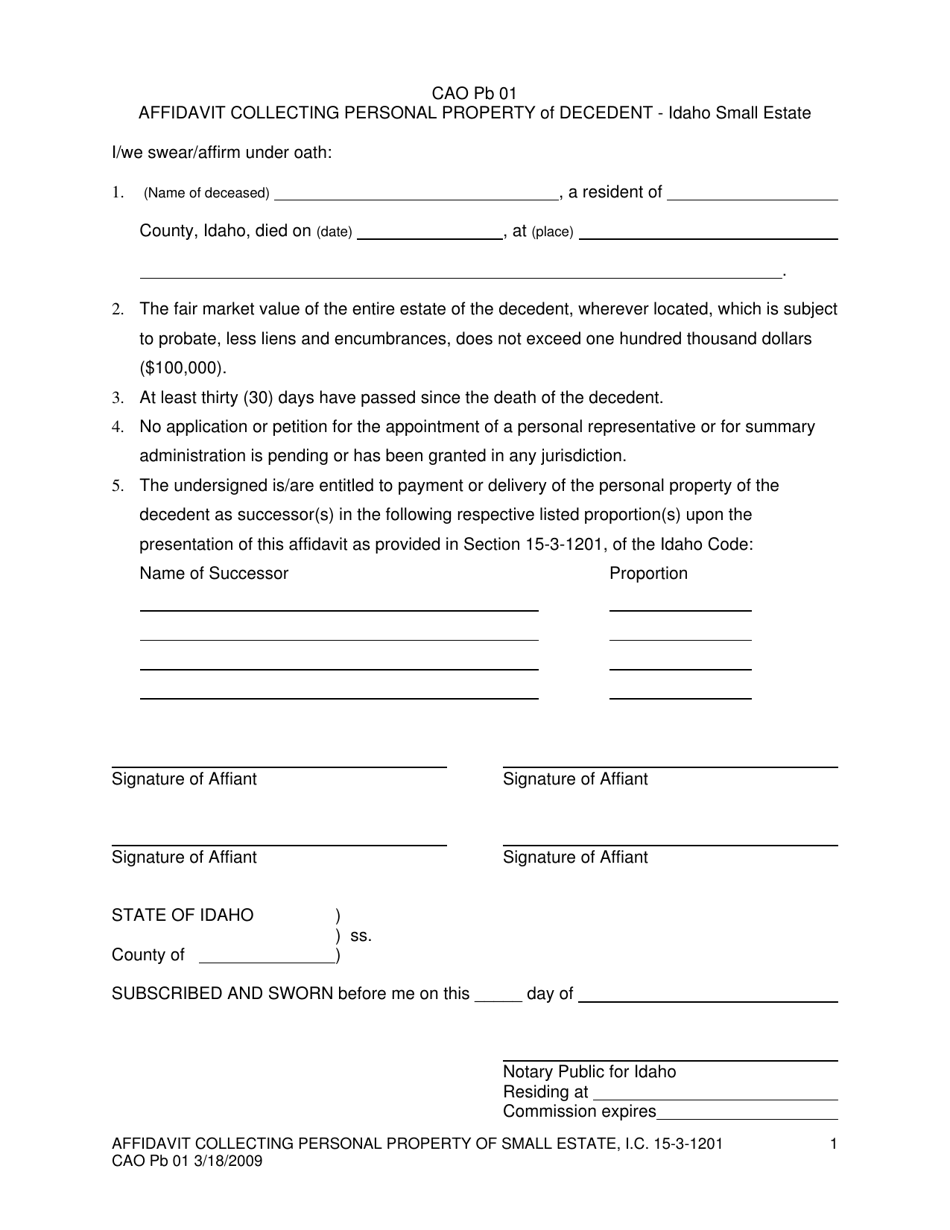 Form CAO Pb01 Affidavit Collecting Personal Property of Small Estate - Idaho, Page 1