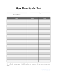 Document preview: Open House Sign in Sheet Template