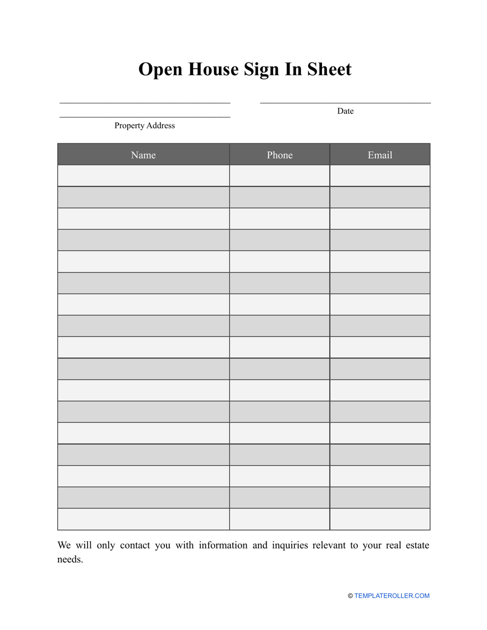 Open House Sign in Sheet Template Download Printable PDF | Templateroller