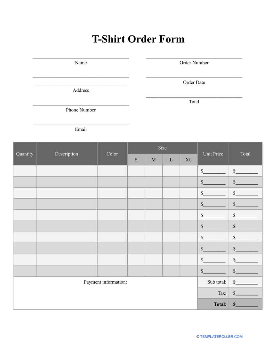 T-Shirt Order Form, Page 1