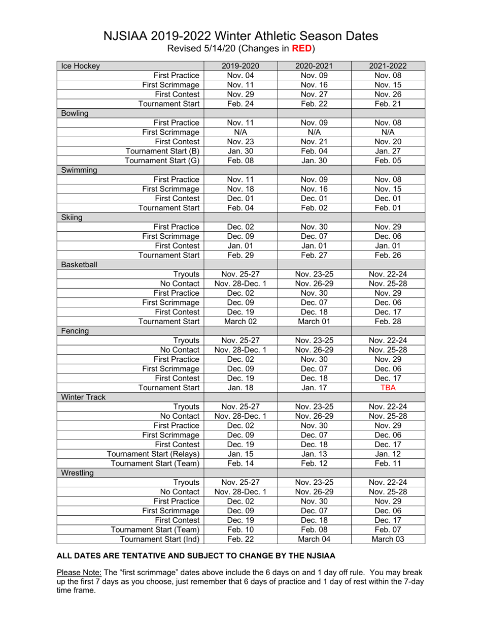 New Jersey Njsiaa 20192022 Athletic Season Dates Download Printable