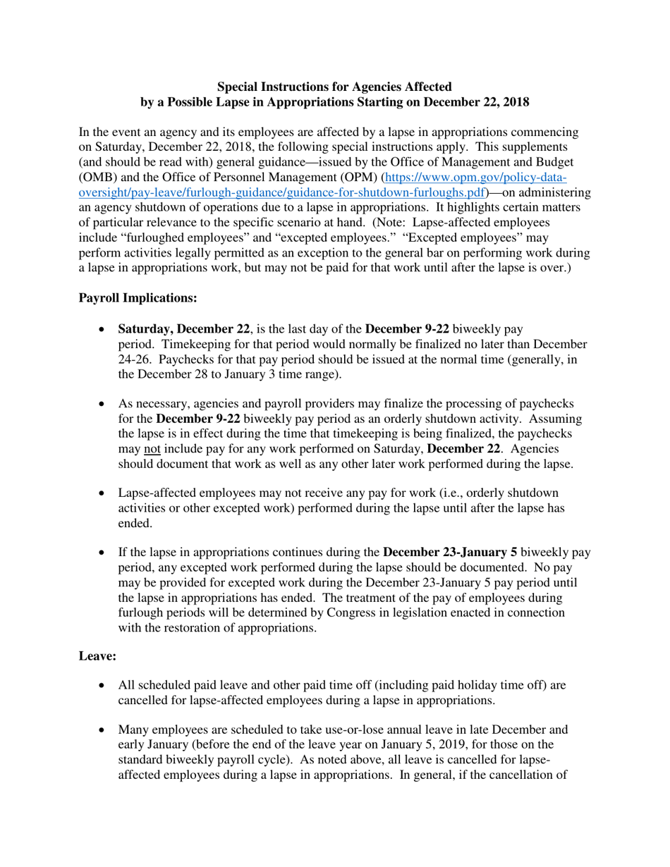 Special Instructions for Agencies Affected by a Possible Lapse in Appropriations Starting on December 22, 2018, Page 1