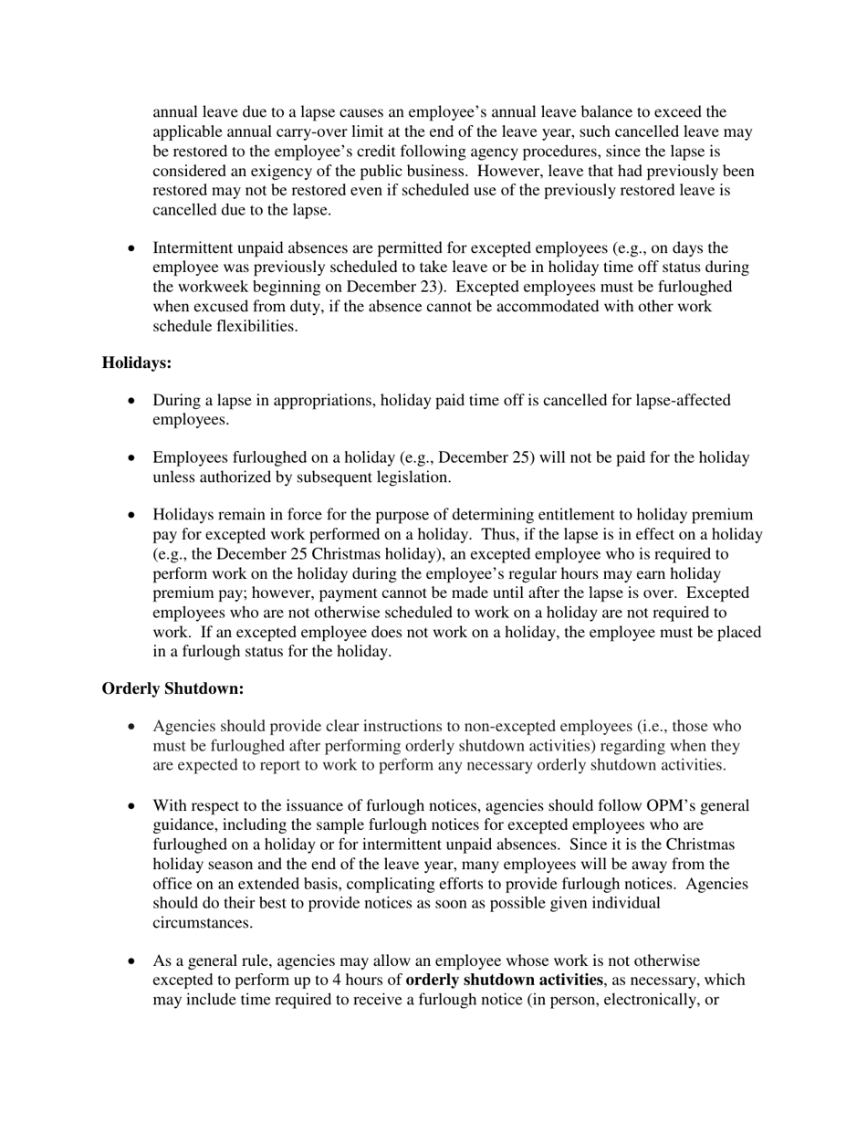 Special Instructions for Agencies Affected by a Possible Lapse in Appropriations Starting on December 22, 2018, Page 2
