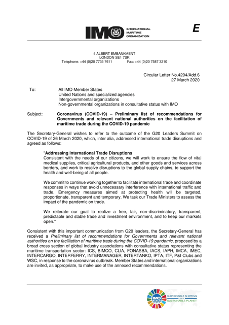 Circular Letter No.4204/Add.6 - Coronavirus (Covid-19) - Preliminary List of Recommendations for Governments and Relevant National Authorities on the Facilitation of Maritime Trade During the Covid-19 Pandemic
