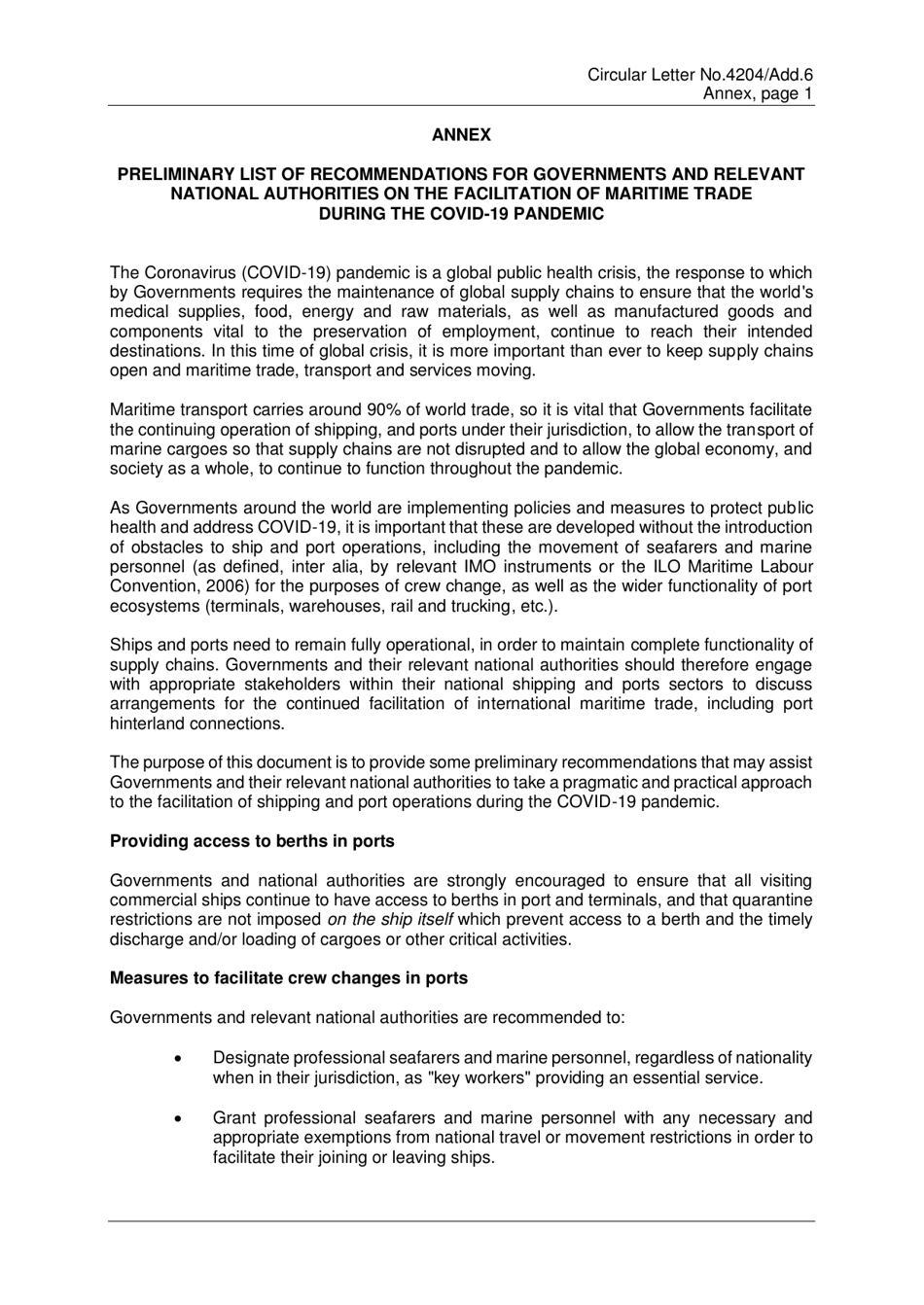 Circular Letter No.4204 / Add.6 - Coronavirus (Covid-19) - Preliminary List of Recommendations for Governments and Relevant National Authorities on the Facilitation of Maritime Trade During the Covid-19 Pandemic, Page 3