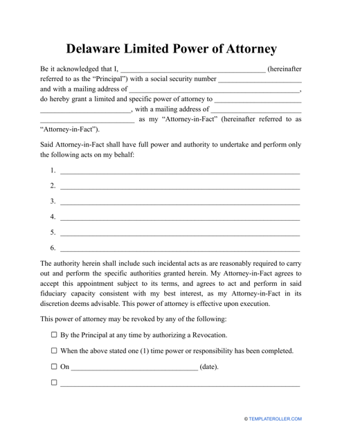 Limited Power of Attorney Template - Delaware Download Pdf