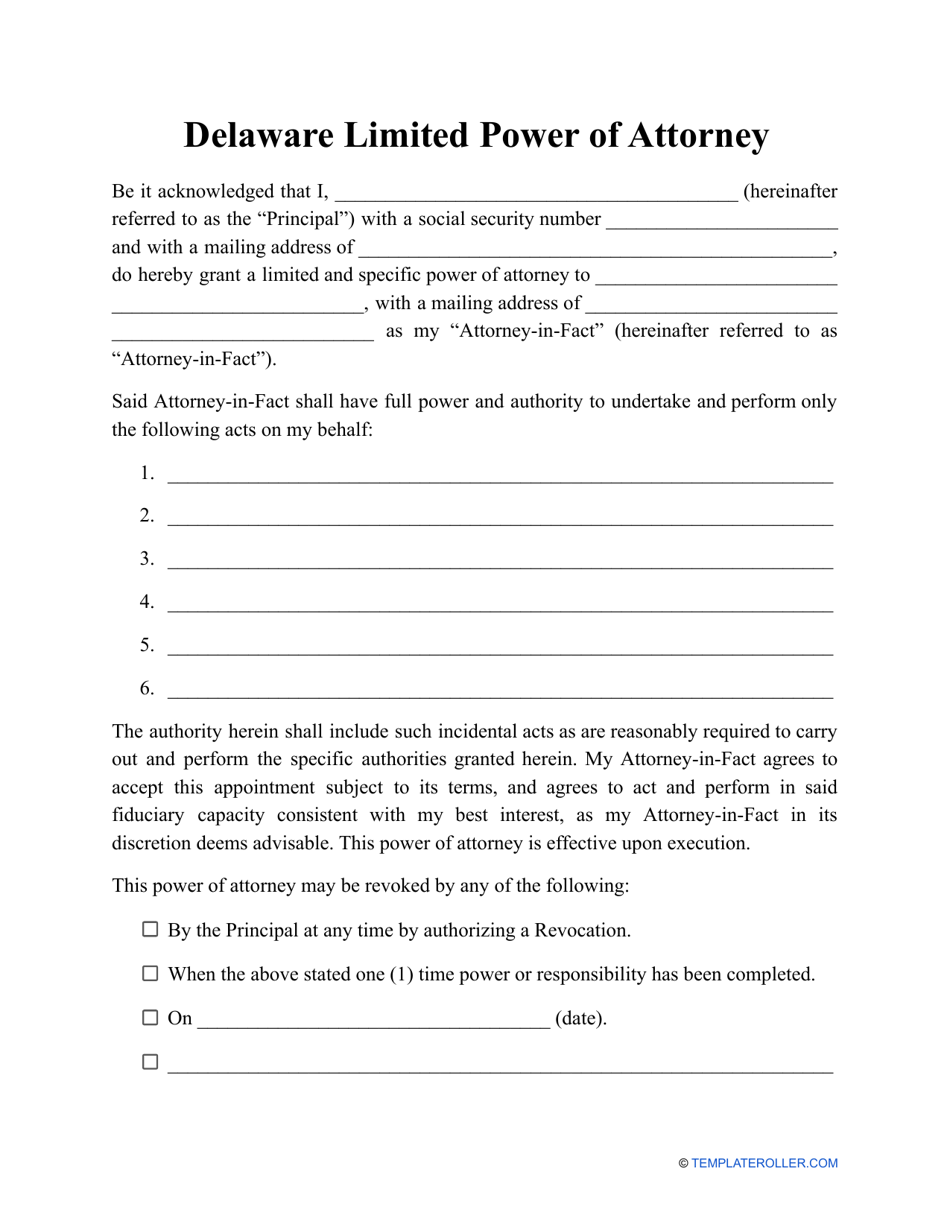 Limited Power of Attorney Template - Delaware, Page 1