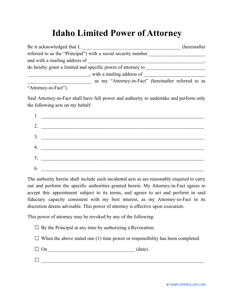 Idaho Limited Power of Attorney Template - Fill Out, Sign Online and ...