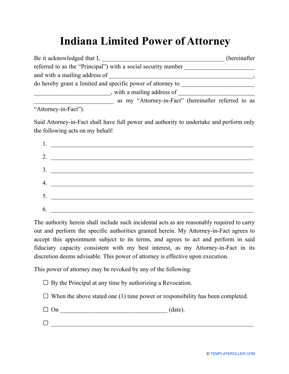 Limited Power of Attorney Template - Indiana, Page 1