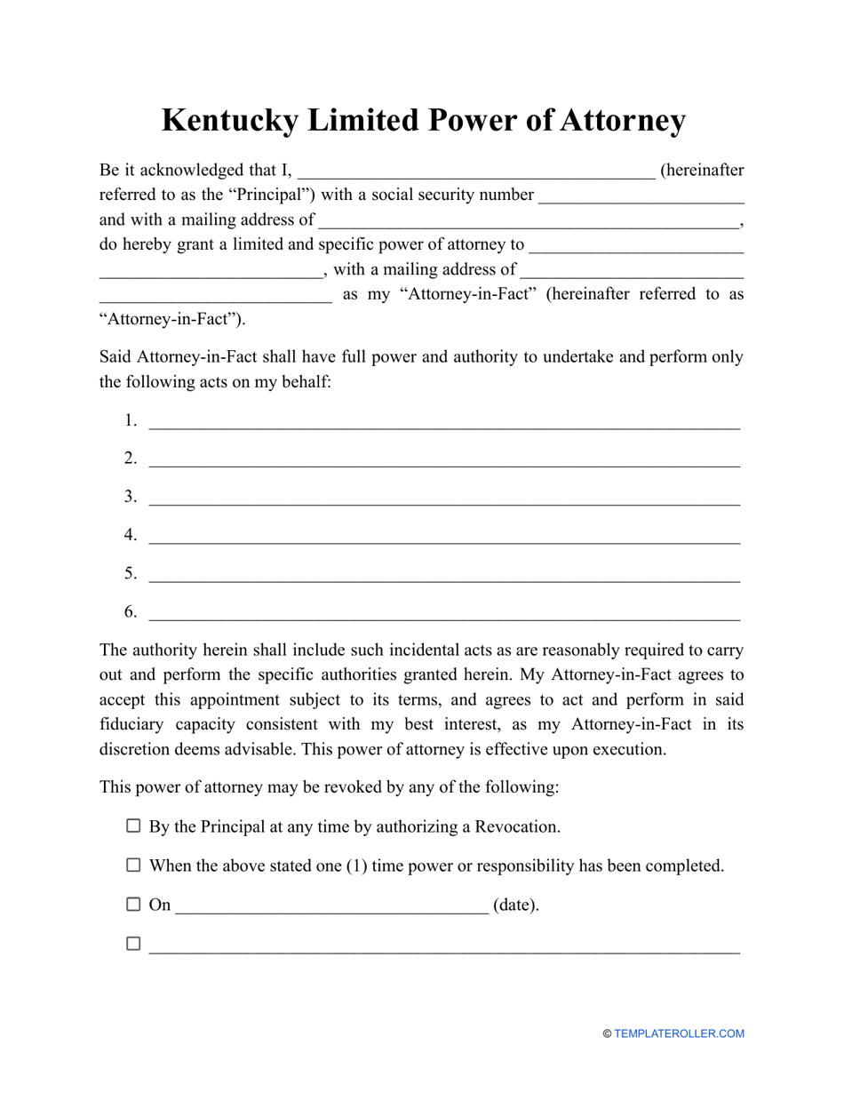 Limited Power of Attorney Template - Kentucky, Page 1