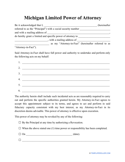 Limited Power of Attorney Template - Michigan Download Pdf