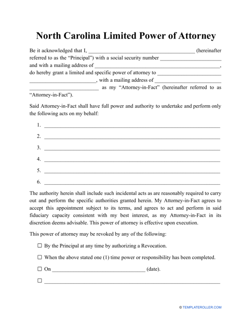 Limited Power of Attorney Template - North Carolina Download Pdf