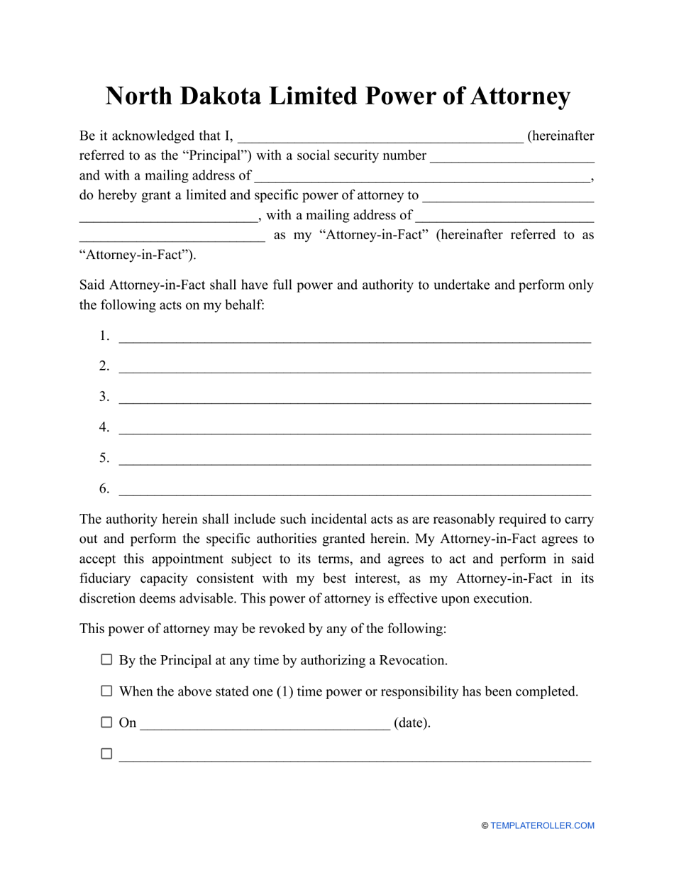 Limited Power of Attorney Template - North Dakota, Page 1