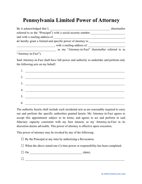 Limited Power of Attorney Template - Pennsylvania Download Pdf
